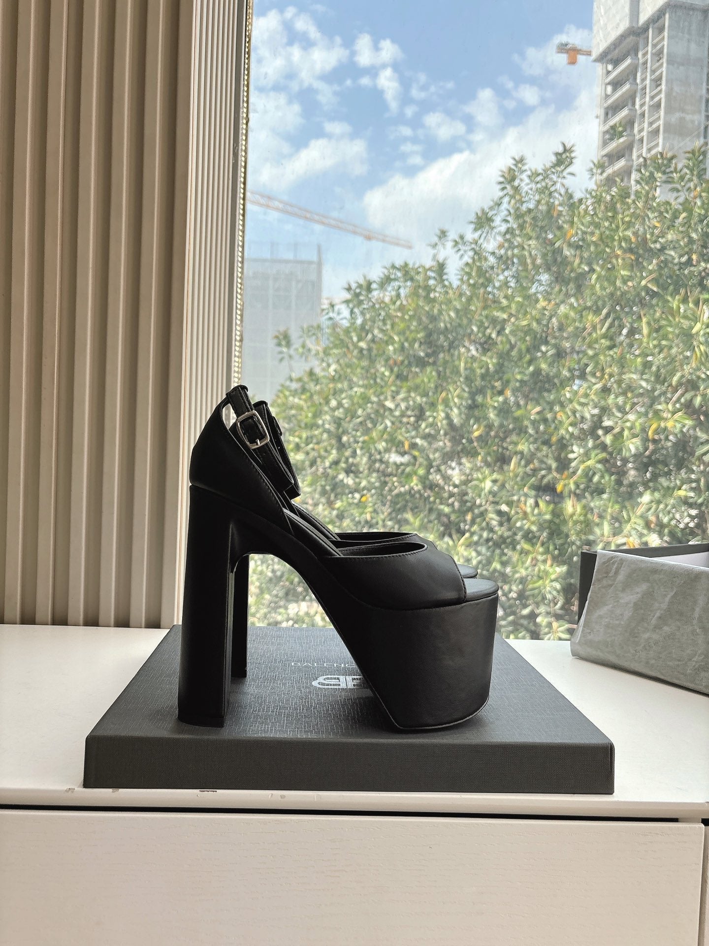 Balanciaga PLATFORM ANKLE STRAP HEELS IN BLACK SMOOTH CALFSKIN