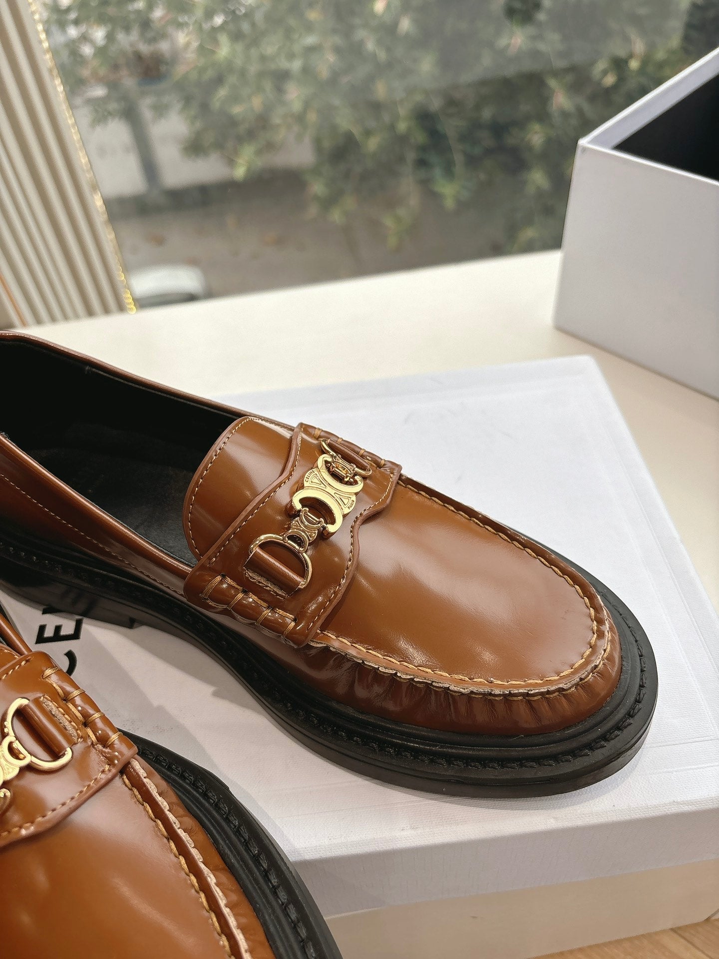 Celine CELINE Buckle Triomphe Loafers Golden Leather 285955