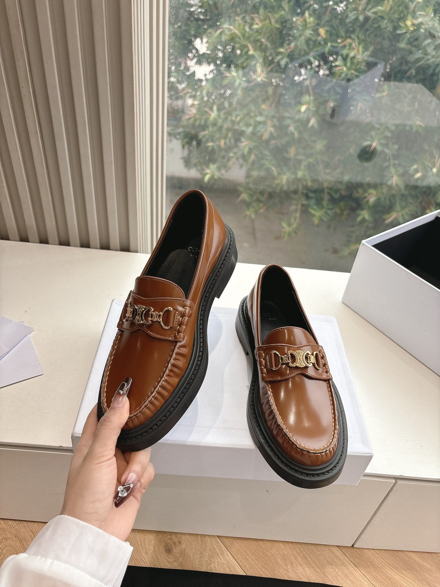 Celine CELINE Buckle Triomphe Loafers Golden Leather 285955