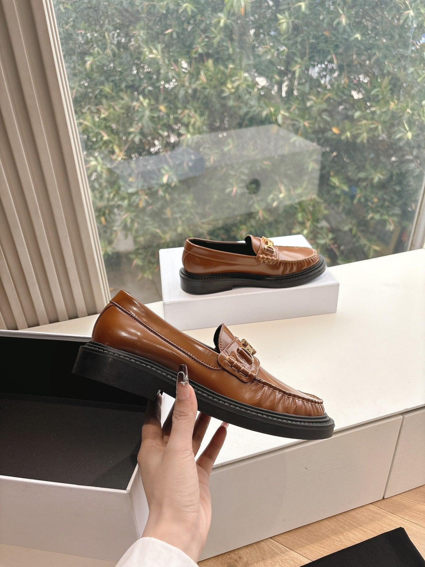 Celine CELINE Buckle Triomphe Loafers Golden Leather 285955