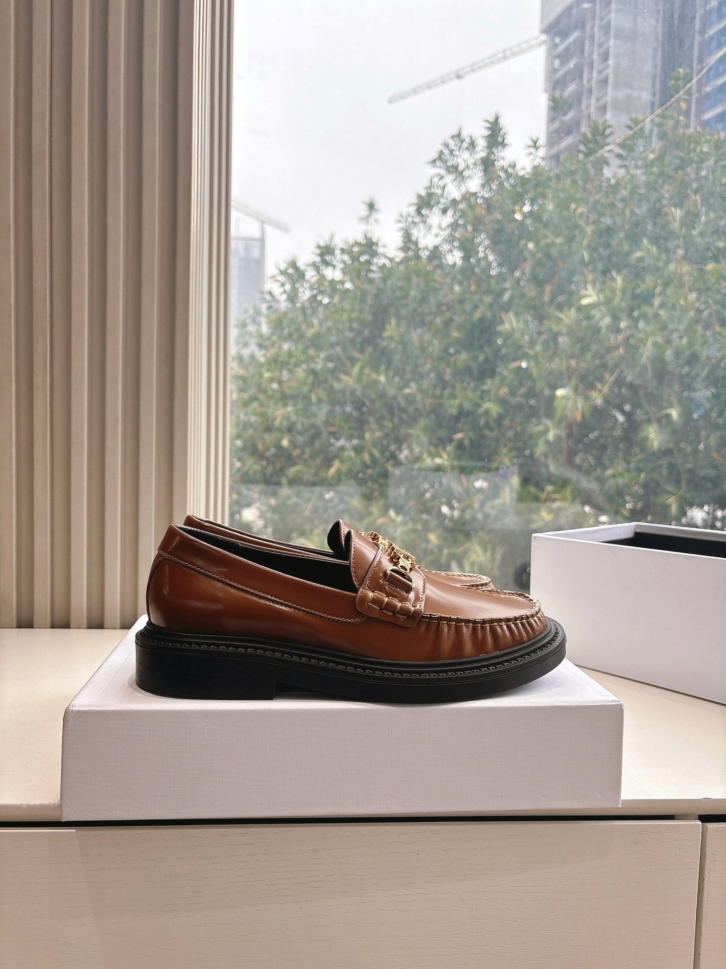 Celine CELINE Buckle Triomphe Loafers Golden Leather 285955