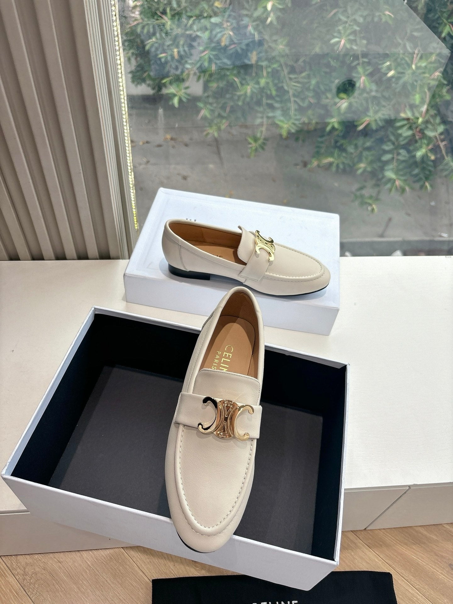Celine CELINE Buckle Triomphe Loafers White Leather 285957