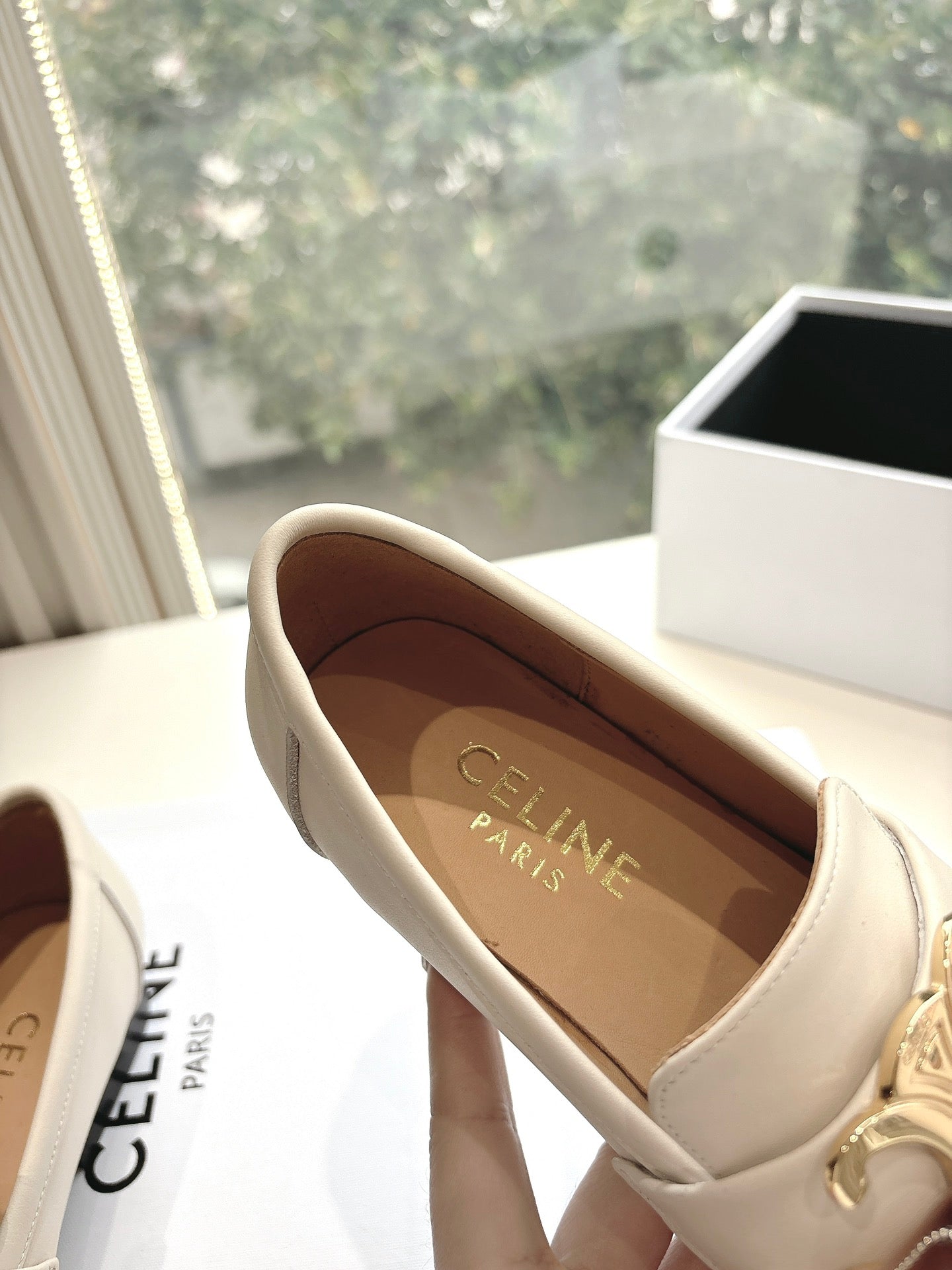 Celine CELINE Buckle Triomphe Loafers White Leather 285957