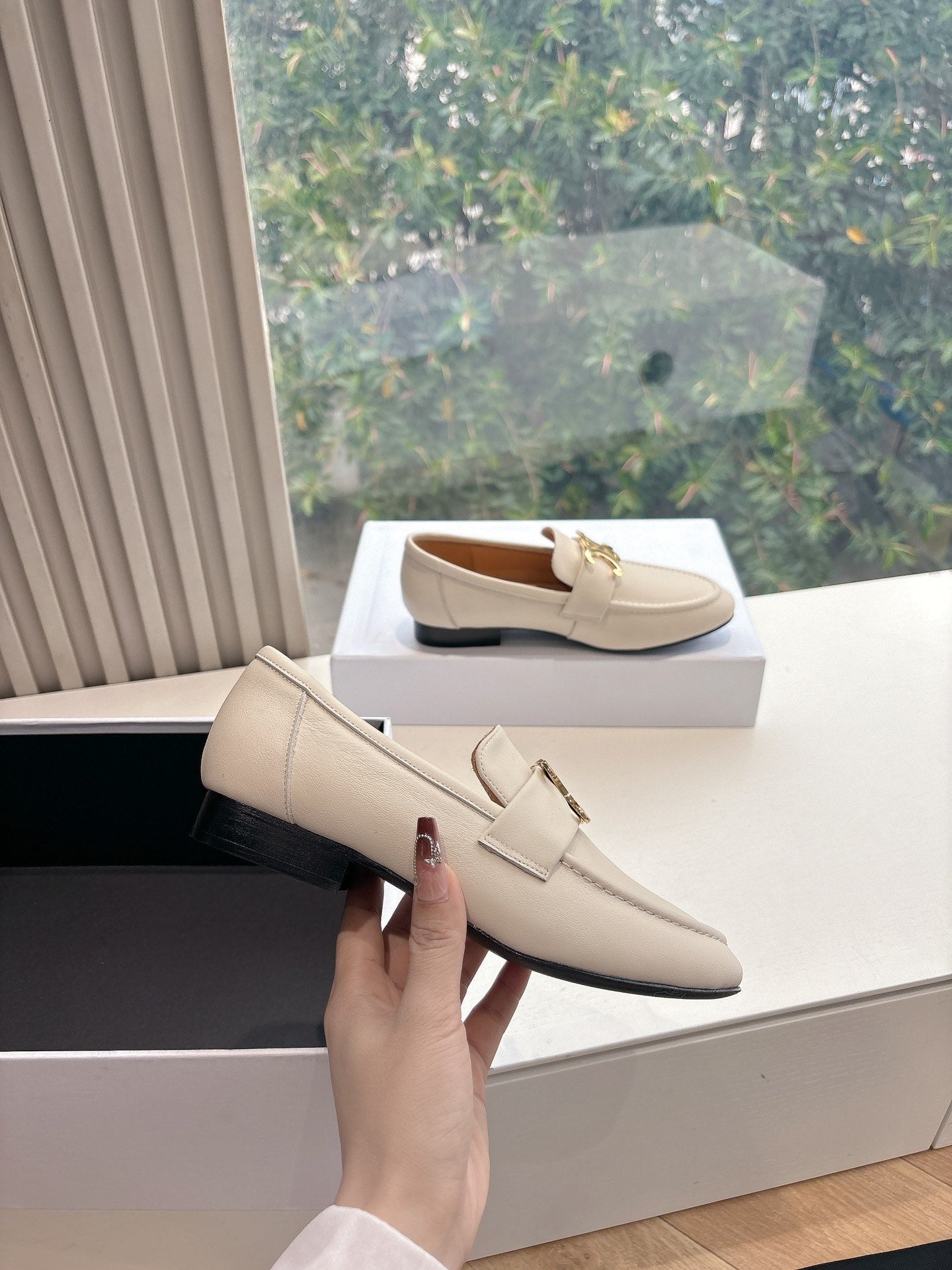 Celine CELINE Buckle Triomphe Loafers White Leather 285957