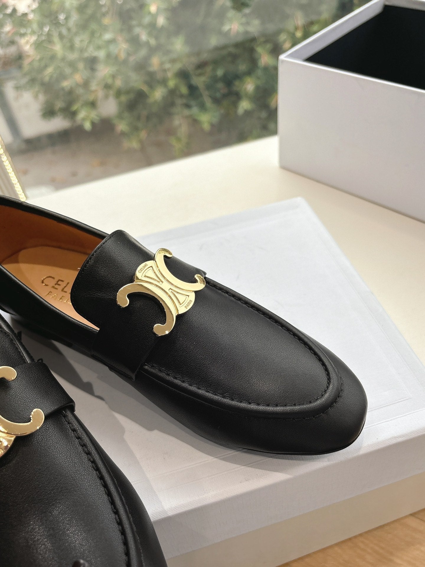 Celine CELINE Buckle Triomphe Loafers Black Leather
