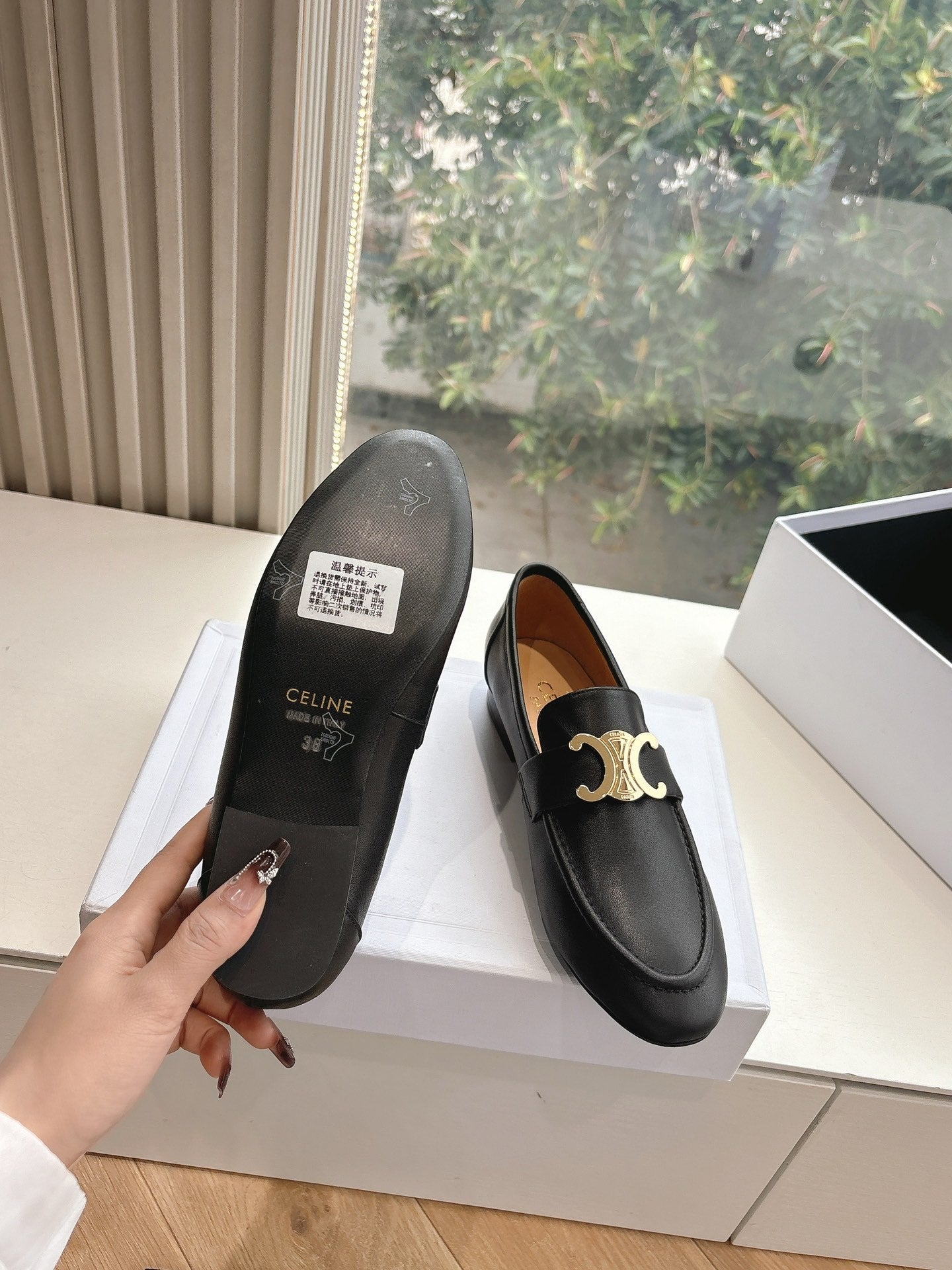 Celine CELINE Buckle Triomphe Loafers Black Leather