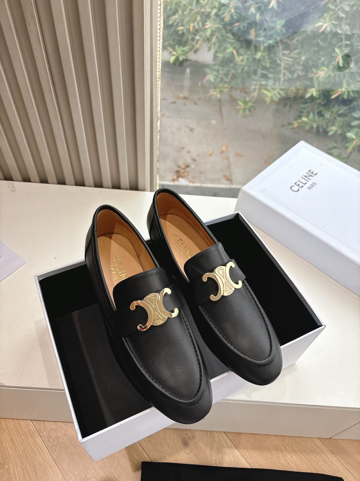 Celine CELINE Buckle Triomphe Loafers Black Leather 285958