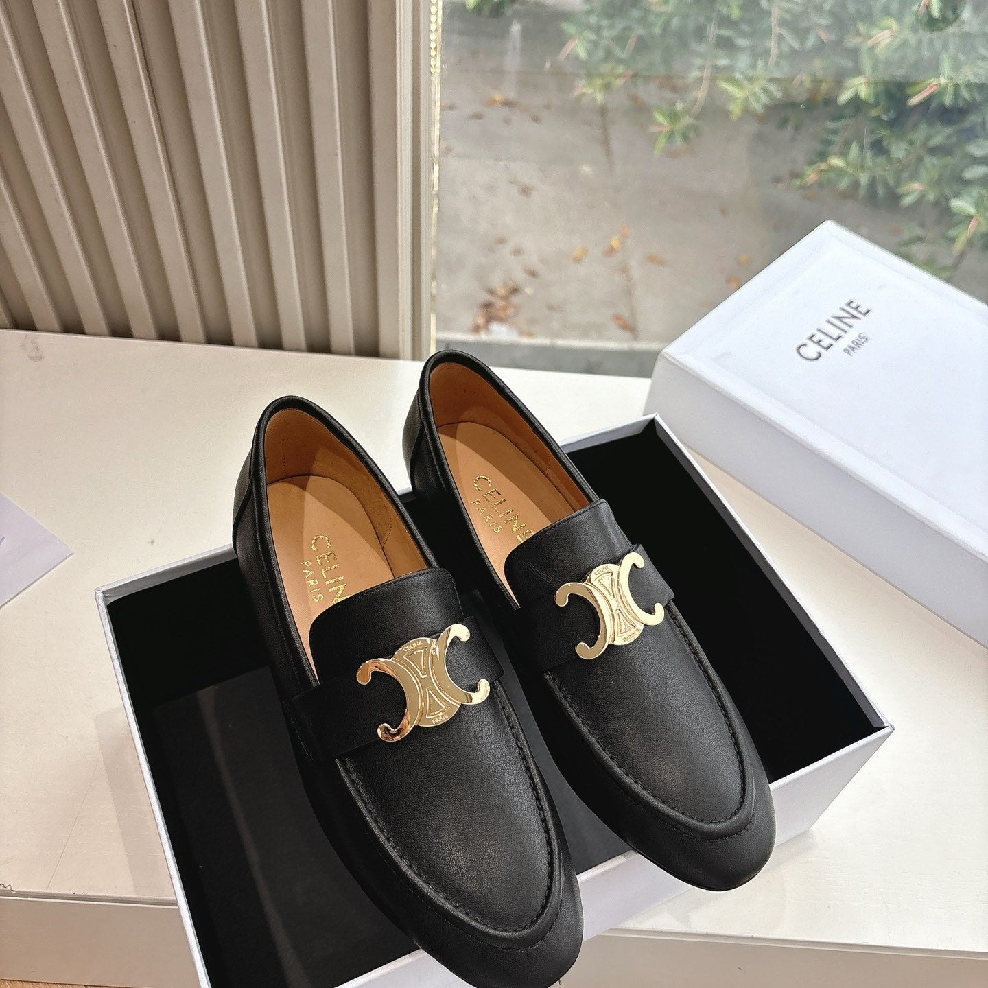 Celine CELINE Buckle Triomphe Loafers Black Leather