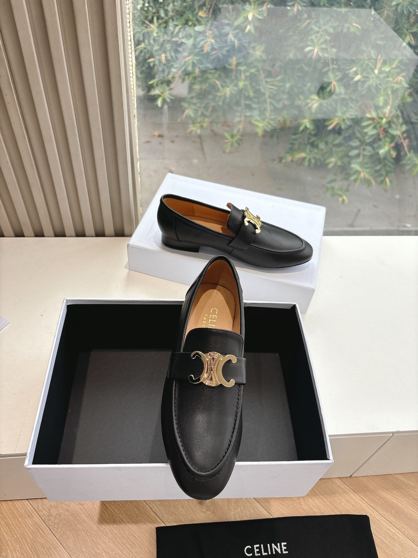Celine CELINE Buckle Triomphe Loafers Black Leather