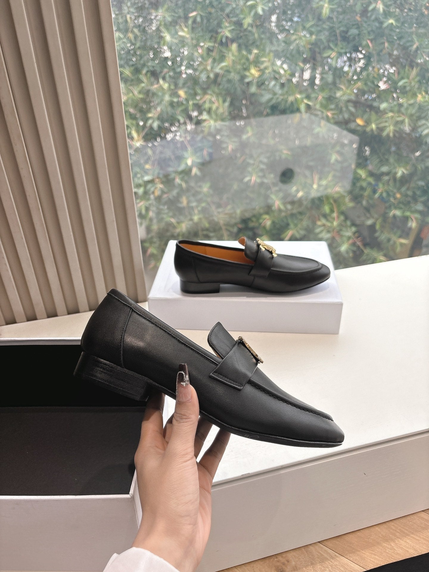 Celine CELINE Buckle Triomphe Loafers Black Leather