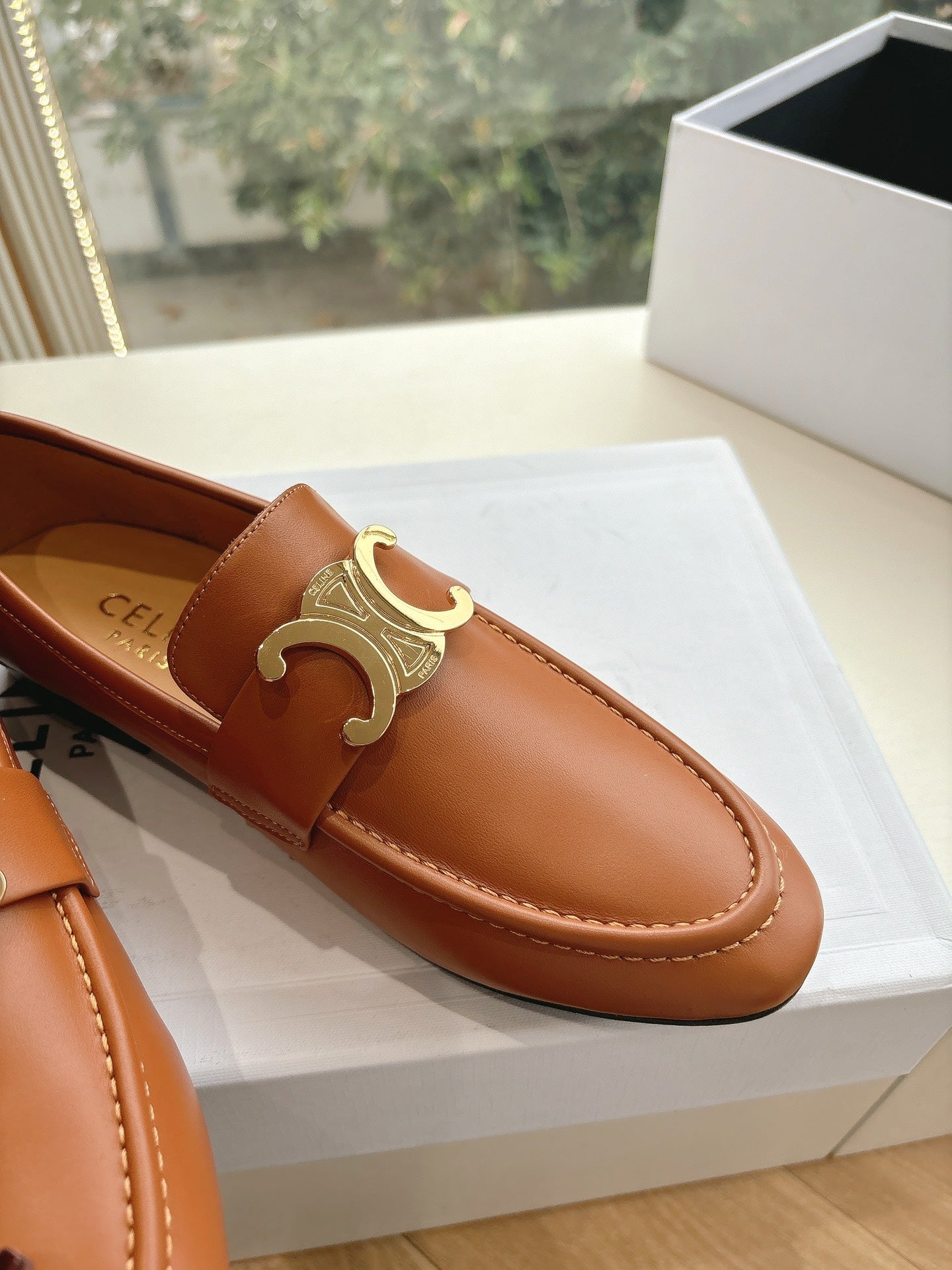 Celine CELINE Buckle Triomphe Loafers Golden Leather