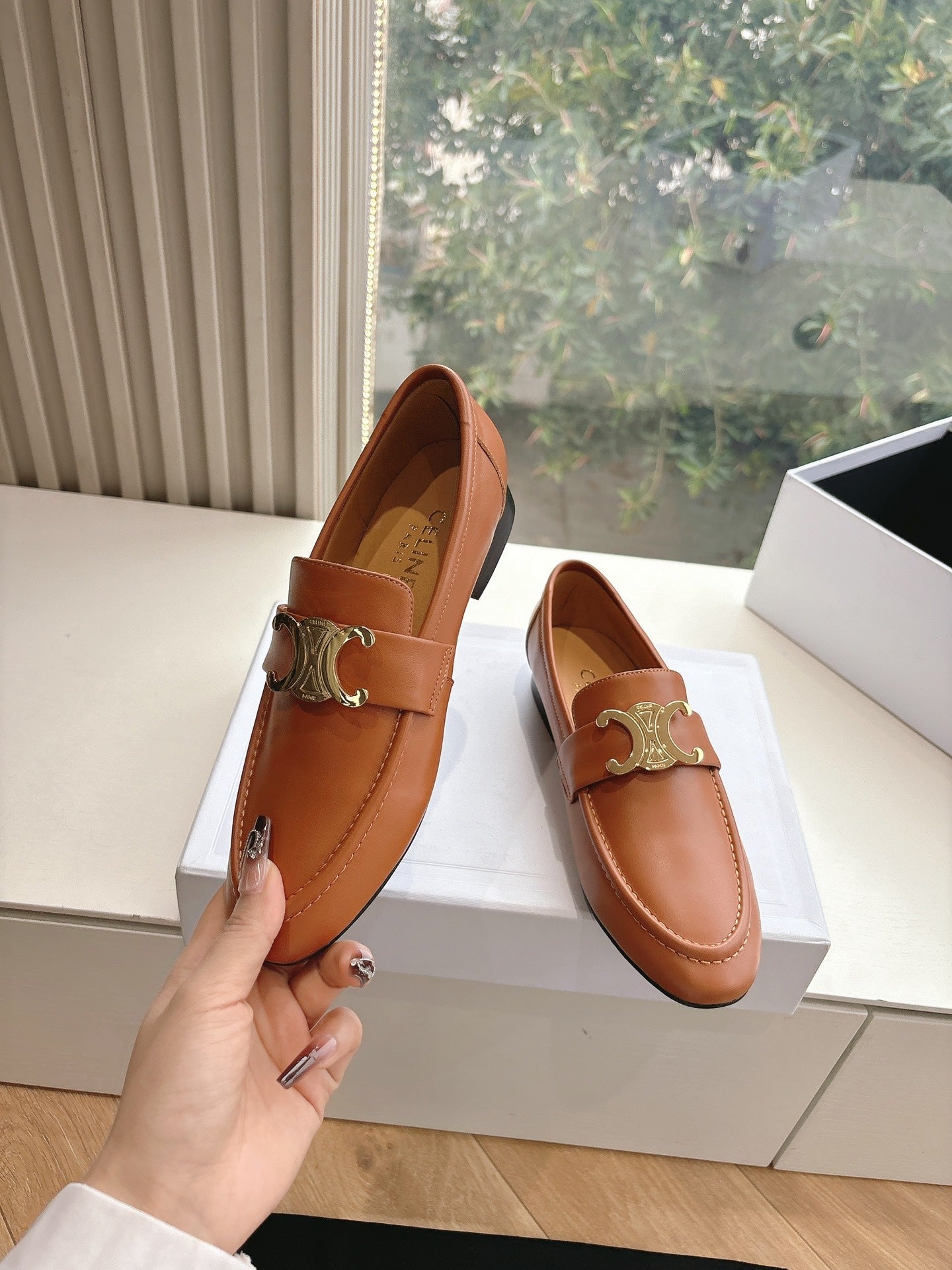 Celine CELINE Buckle Triomphe Loafers Golden Leather