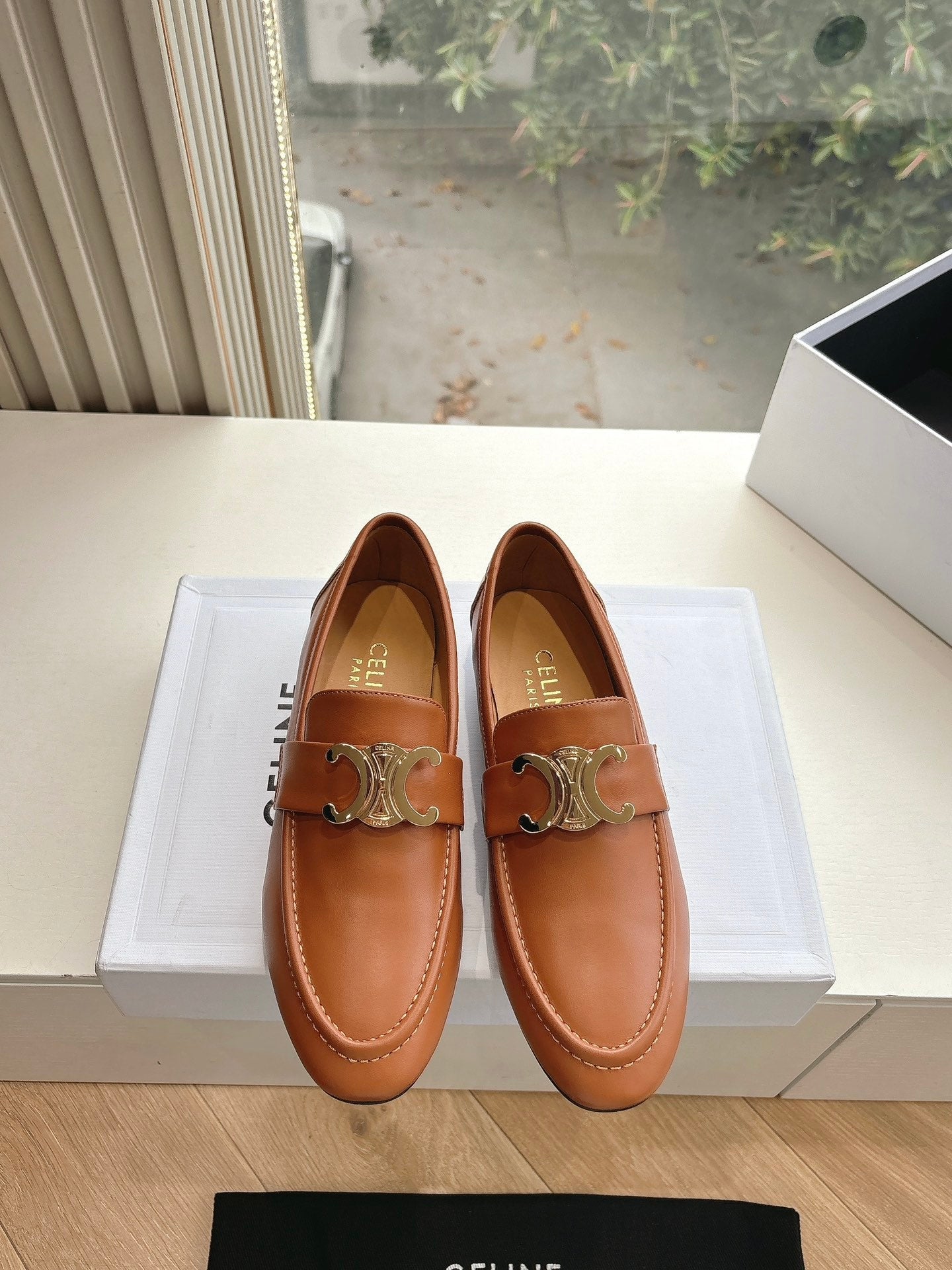 Celine CELINE Buckle Triomphe Loafers Golden Leather