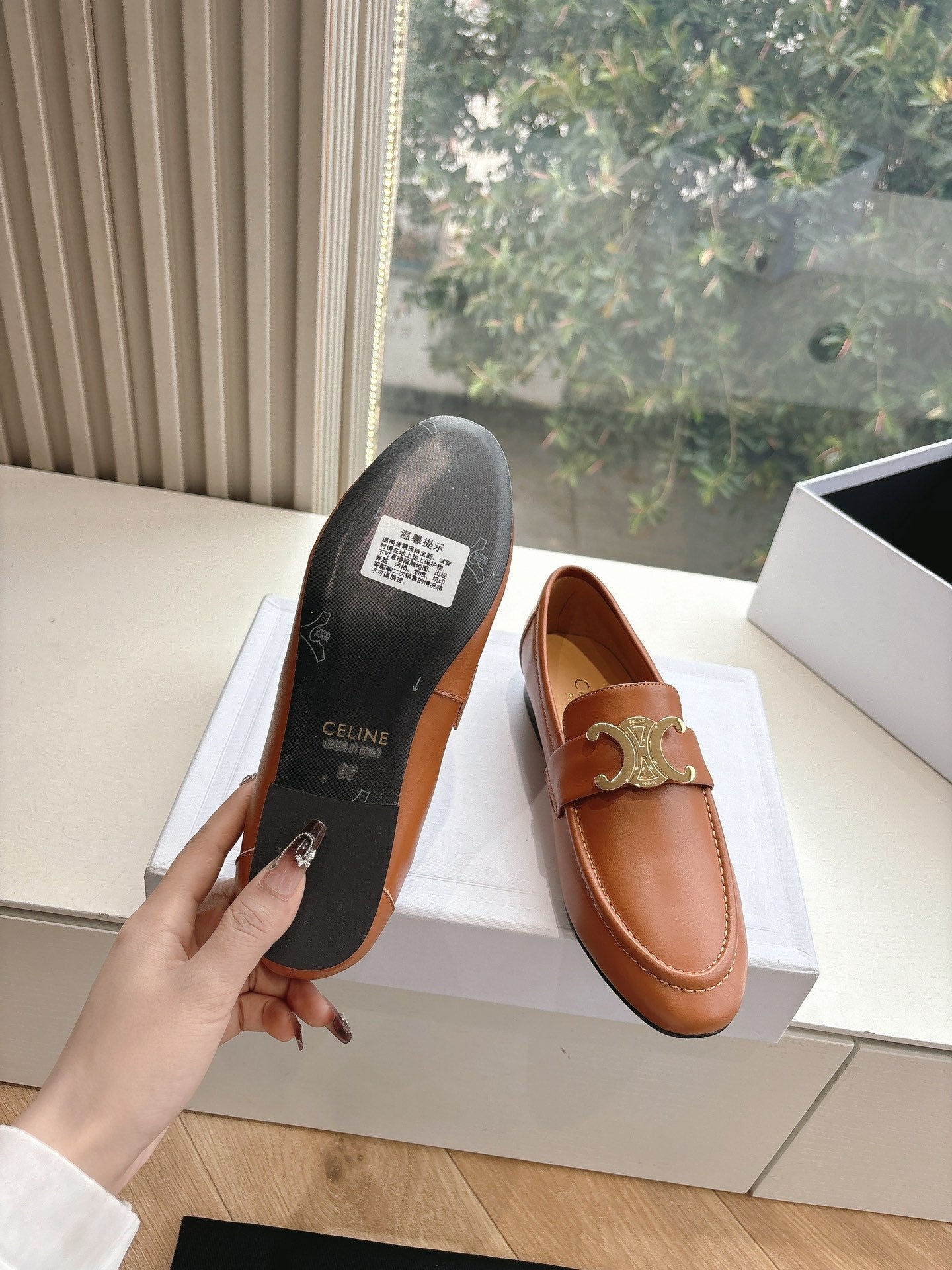 Celine CELINE Buckle Triomphe Loafers Golden Leather