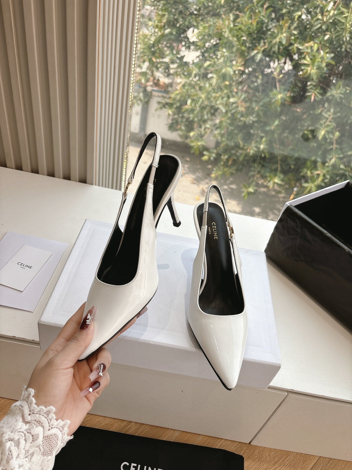Celine CELINE Slingbacks White Patent Leather 285940