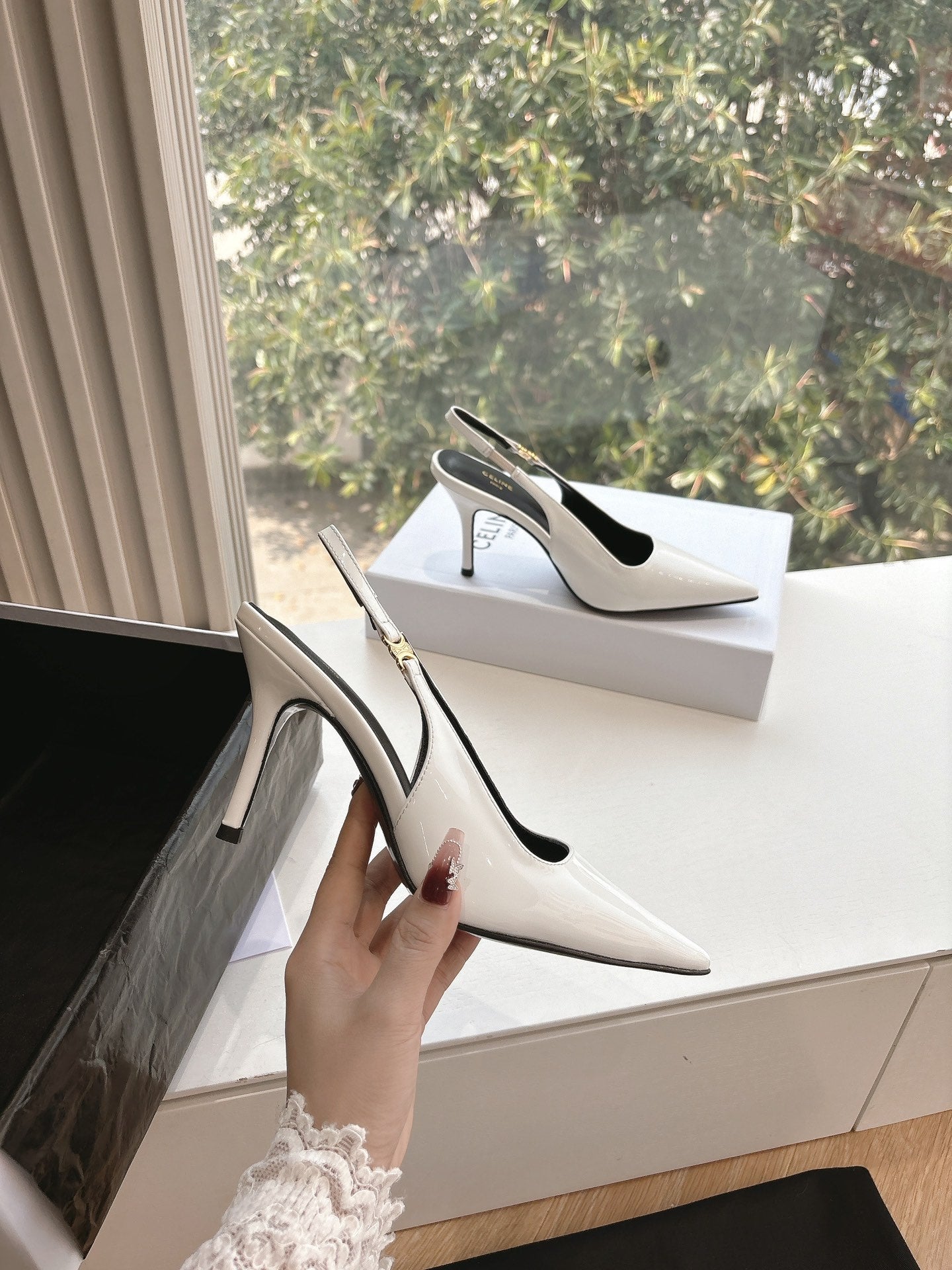 Celine CELINE Slingbacks White Patent Leather 285940