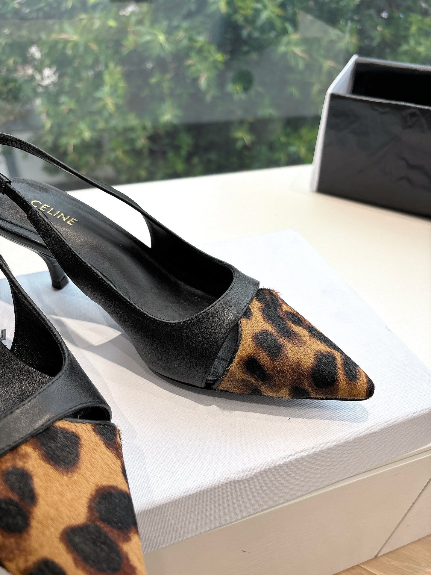 Celine CELINE Slingback  Leopard Black Leather 285983