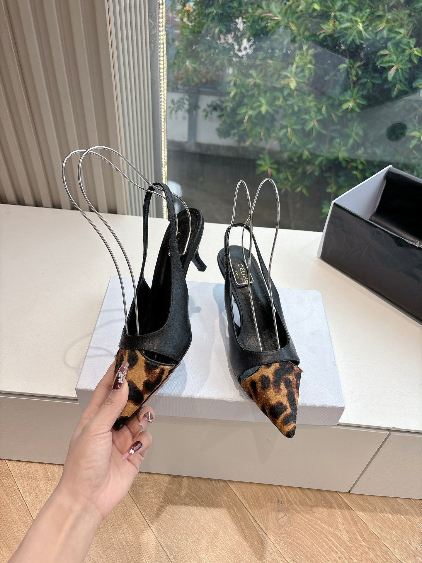 Celine CELINE Slingback  Leopard Black Leather 285983