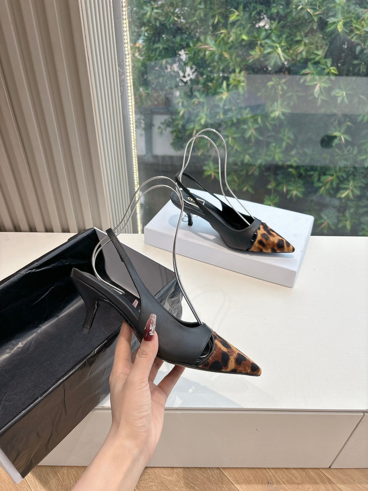 Celine CELINE Slingback  Leopard Black Leather 285983