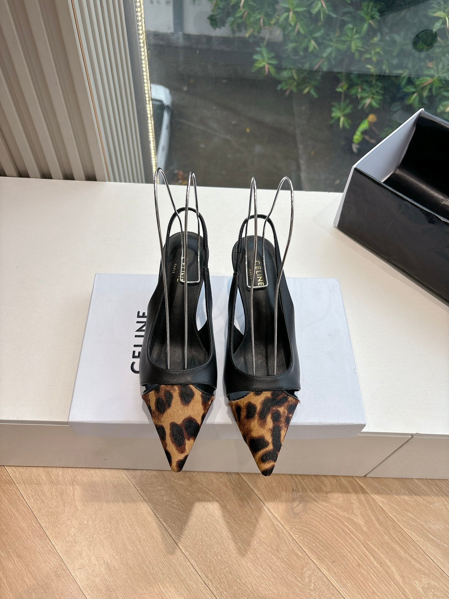 Celine CELINE Slingback  Leopard Black Leather 285983