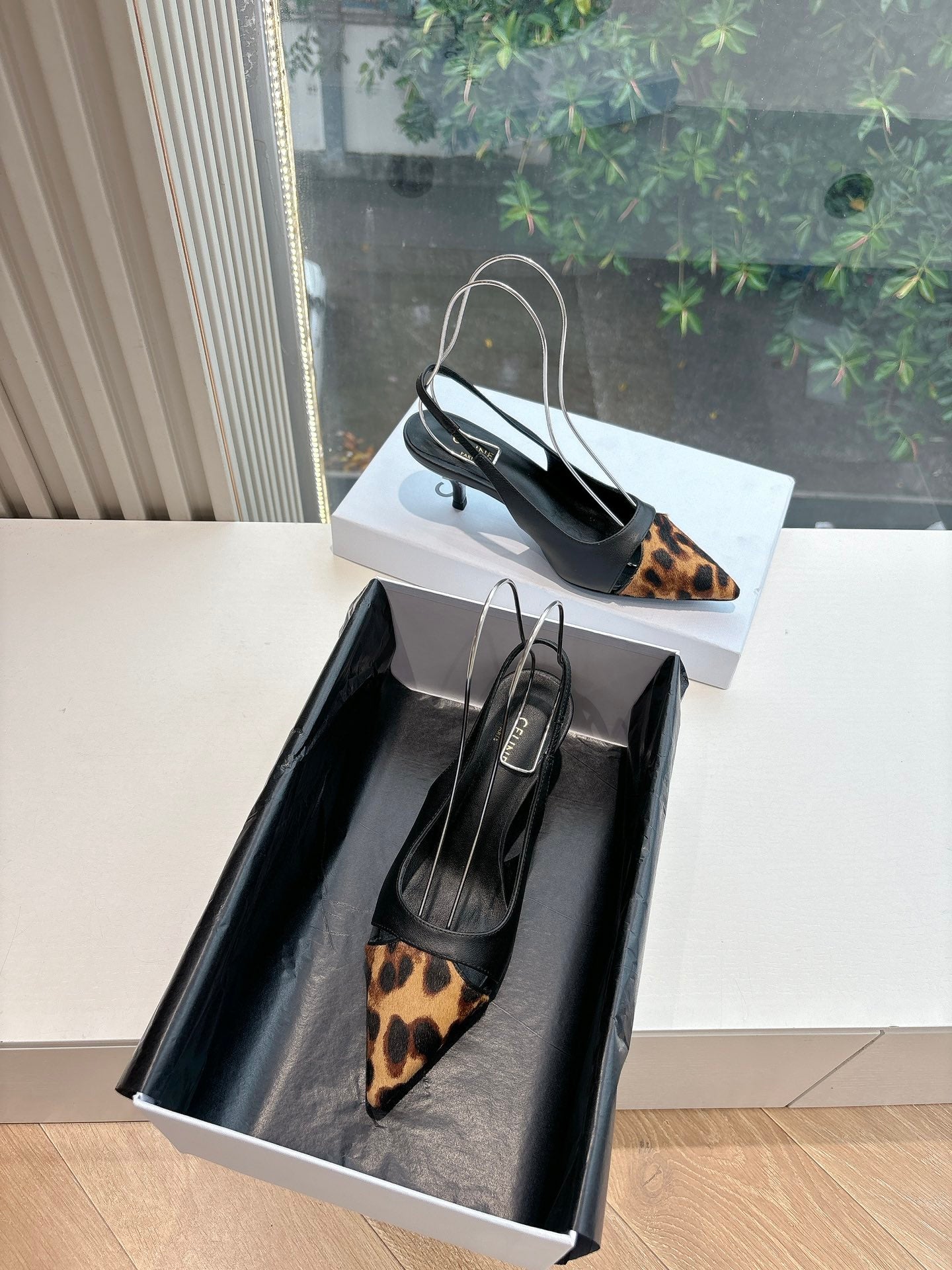 Celine CELINE Slingback  Leopard Black Leather 285983