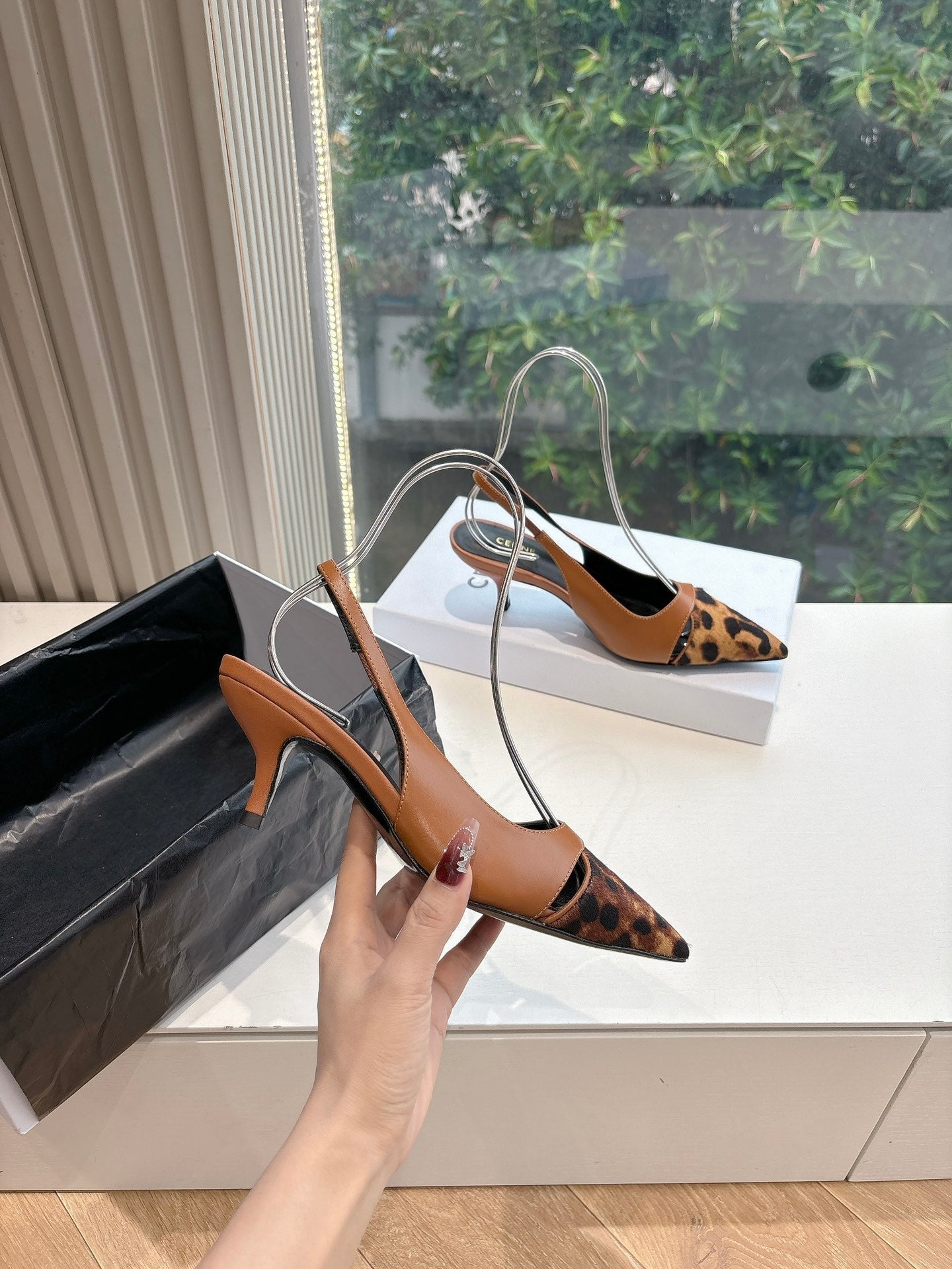 Celine CELINE Slingback  Leopard  Brown Leather 285984