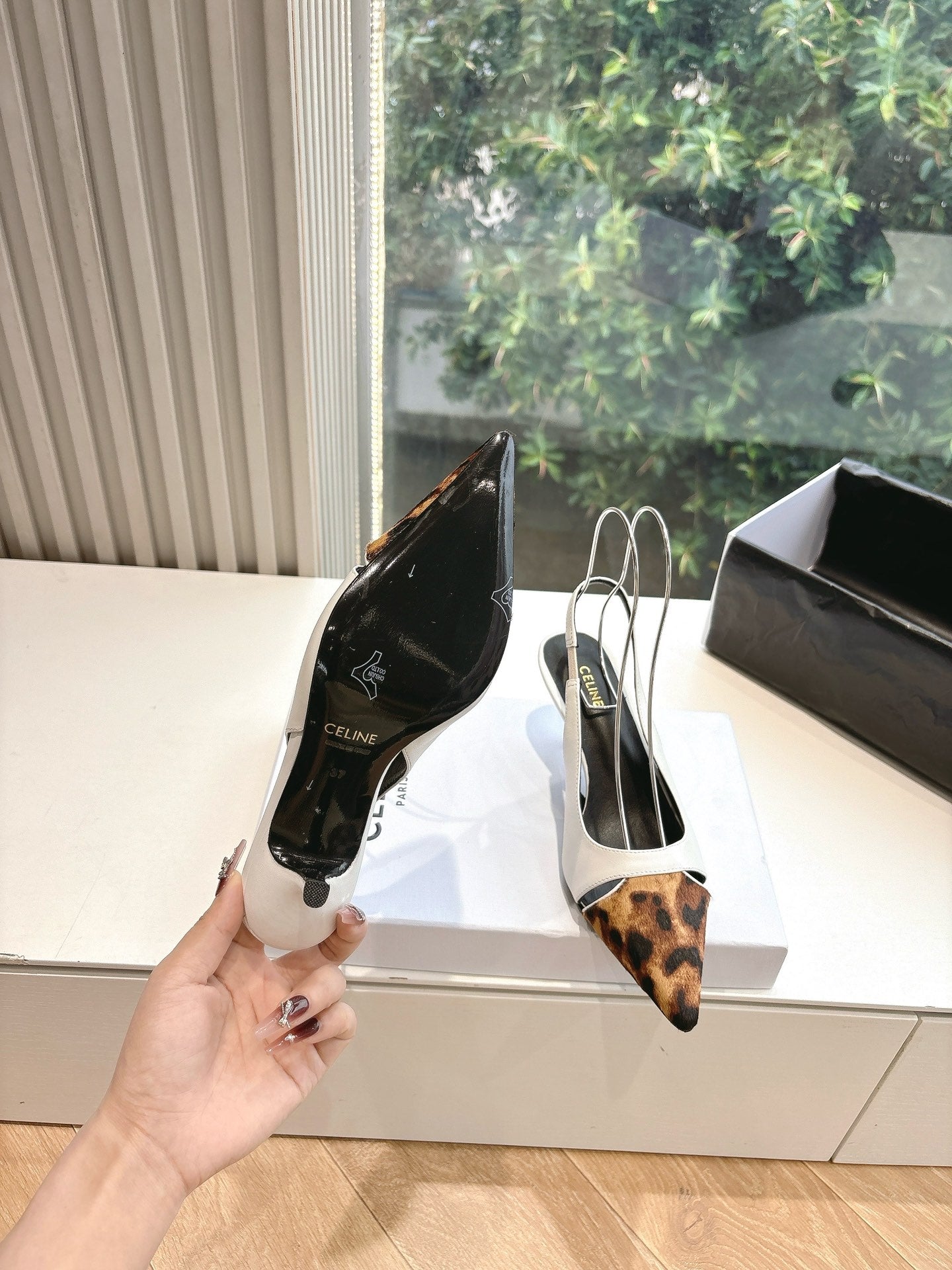 Celine CELINE Slingback  Leopard  White Leather 285985