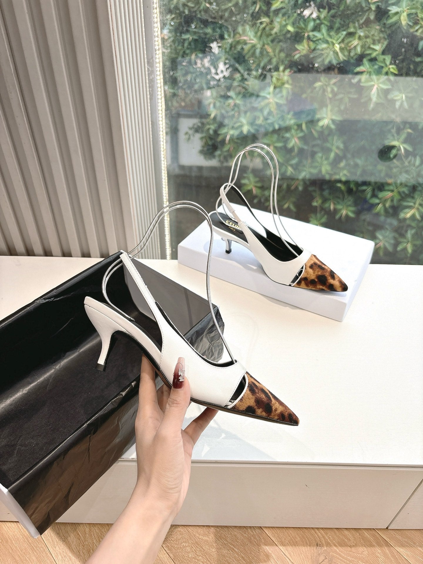 Celine CELINE Slingback  Leopard  White Leather 285985