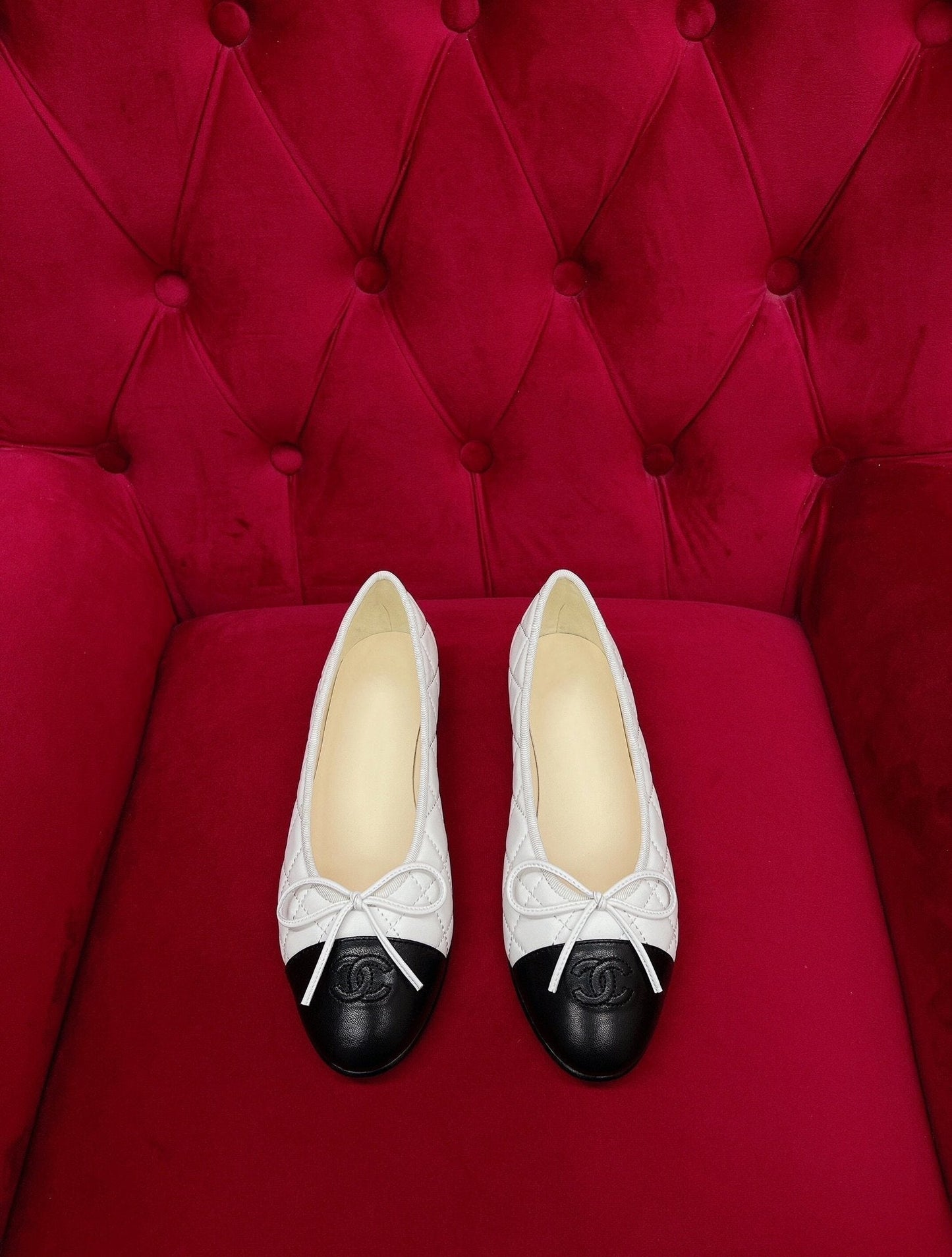CHANEL ballet flat black white quilted lambskin