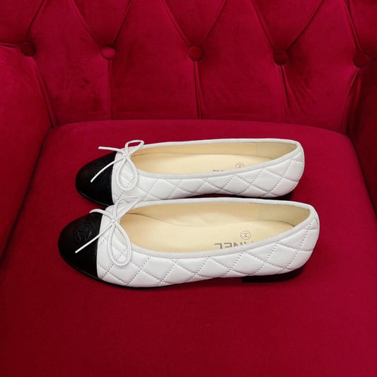 CHANEL ballet flat black white quilted lambskin