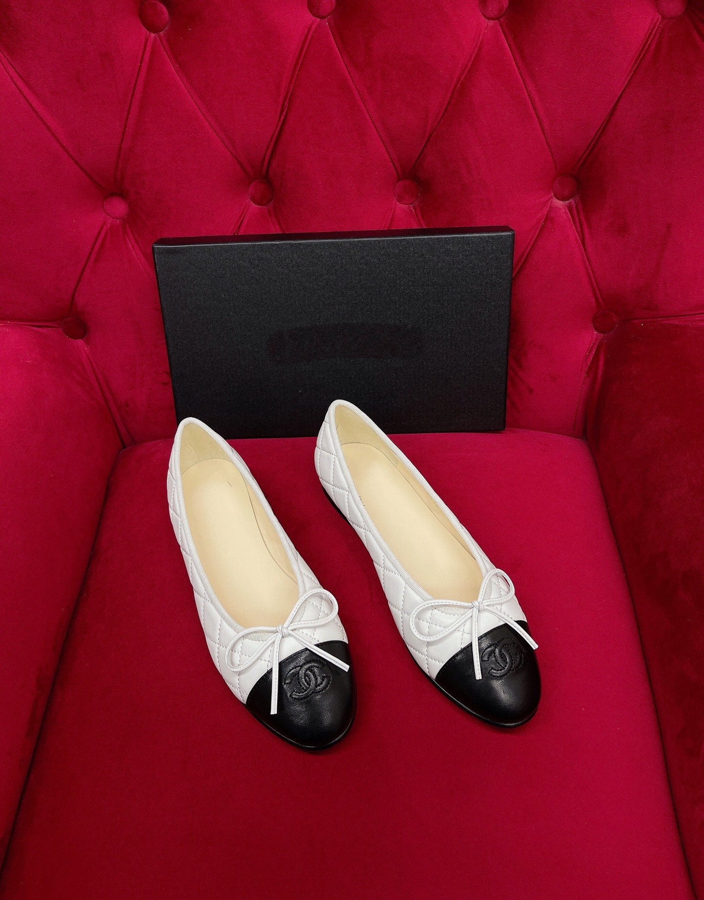 CHANEL ballet flat black white quilted lambskin
