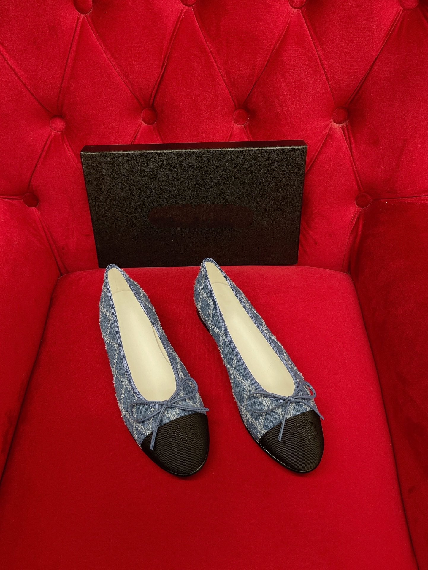 CHANEL ballet flat blue black denim grosgrain