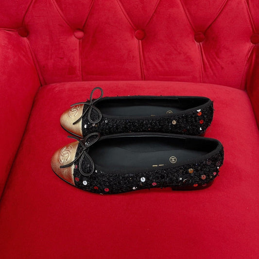 CHANEL ballet flat black gold tweed metal calfskin
