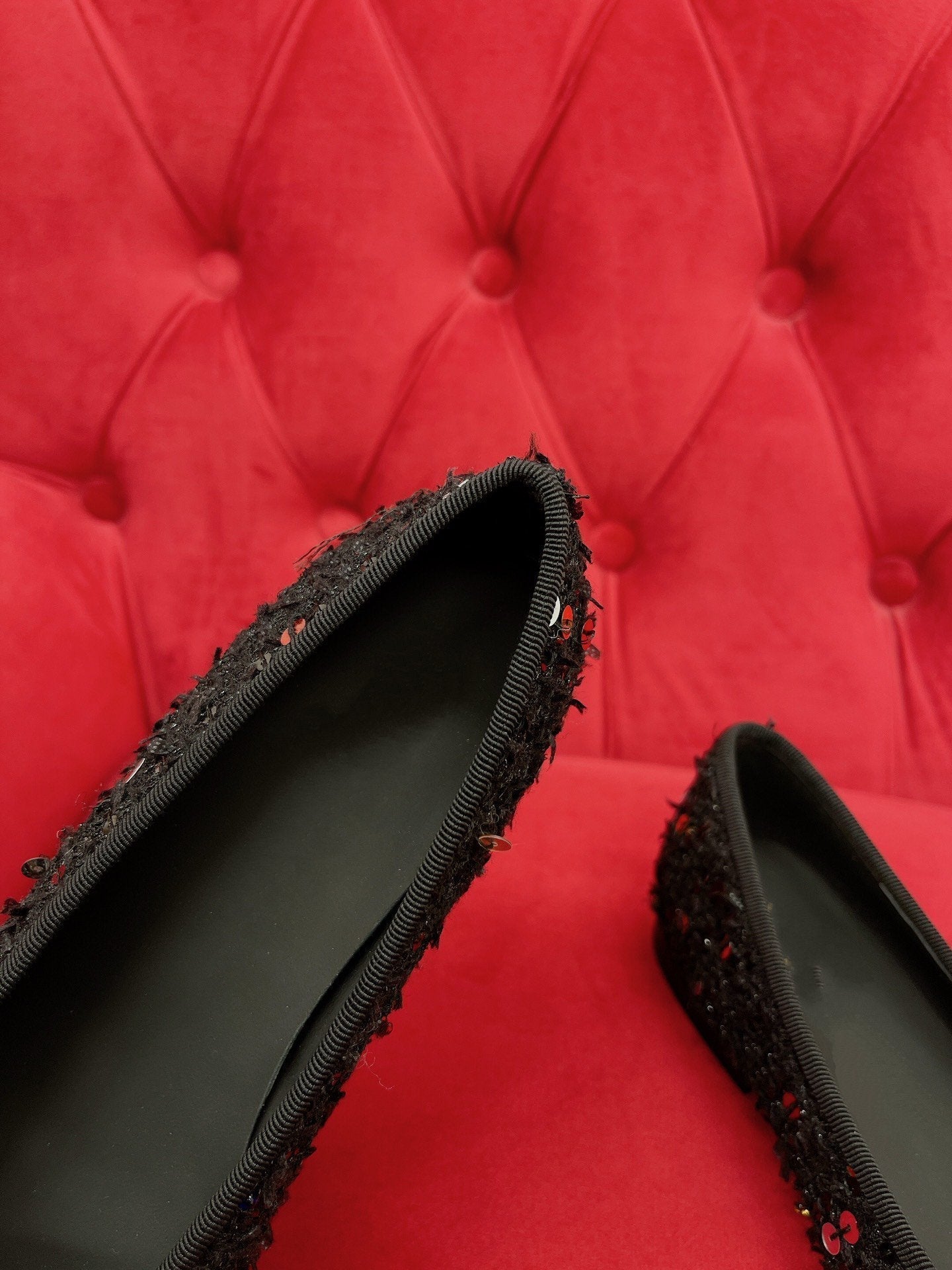 CHANEL ballet flat black gold tweed metal calfskin