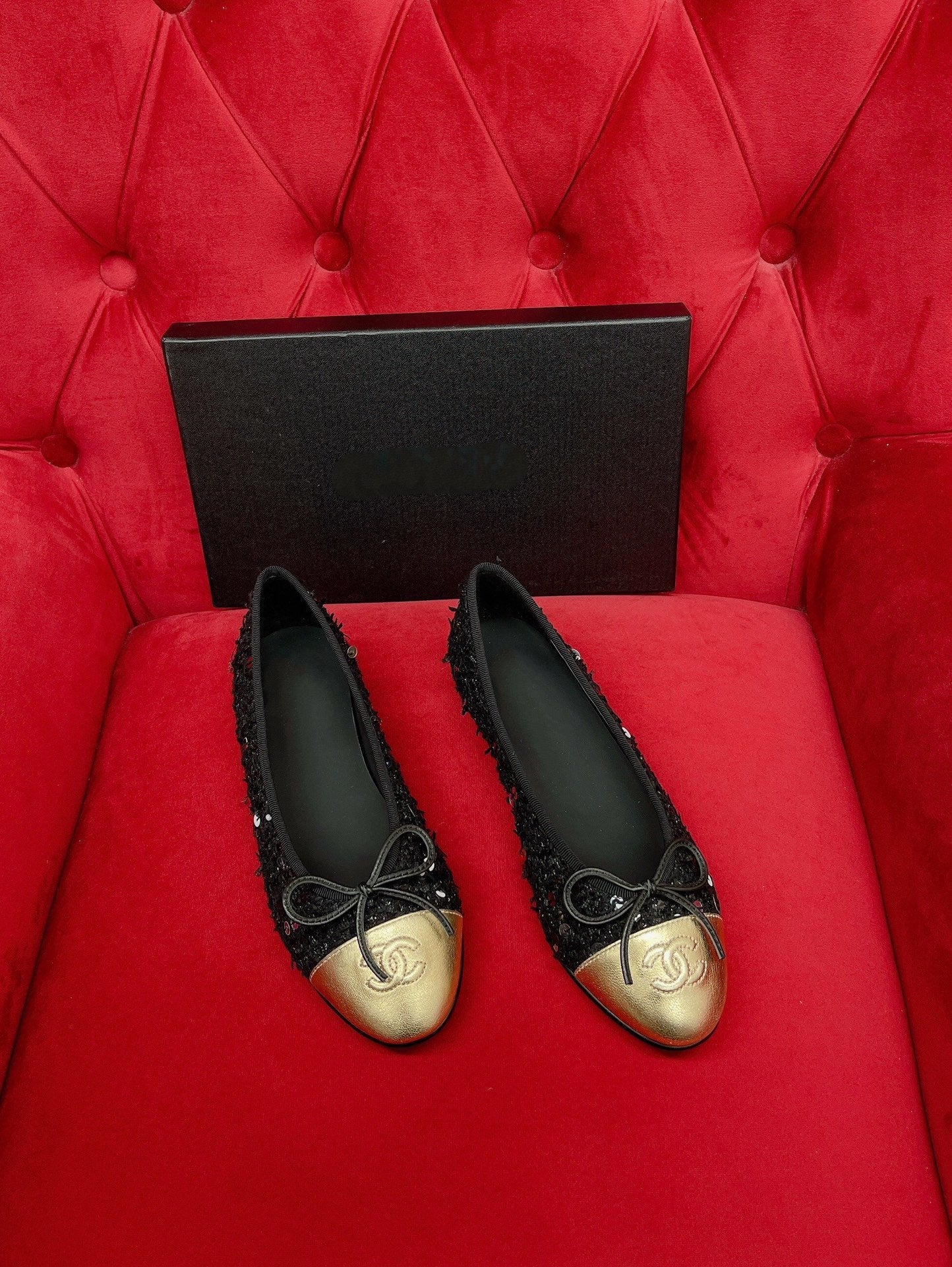 CHANEL ballet flat black gold tweed metal calfskin