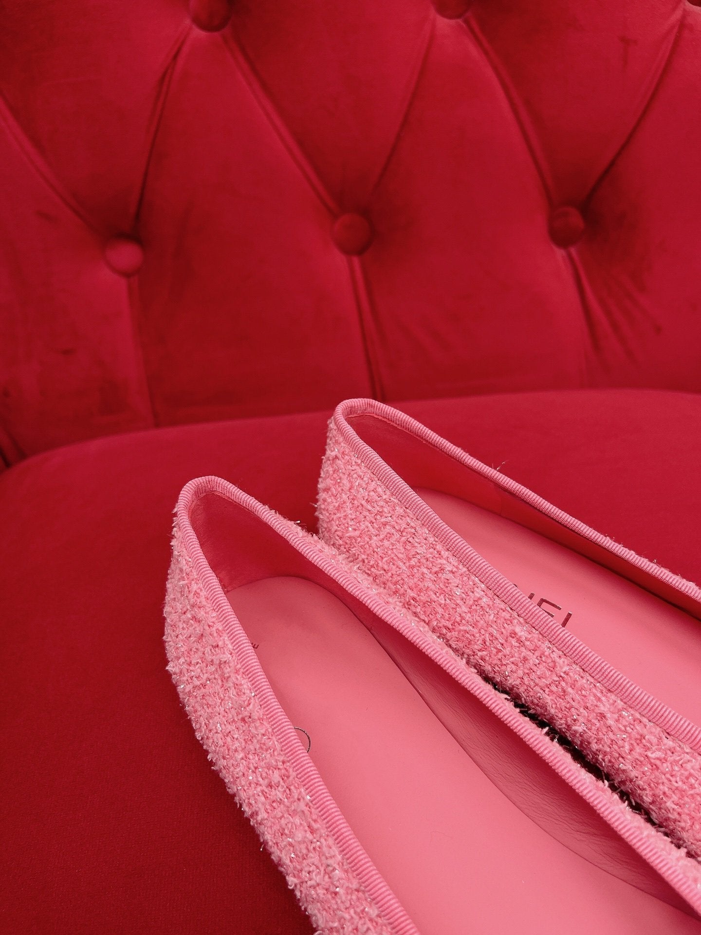 CHANEL ballet flat pink black tweed grosgrain