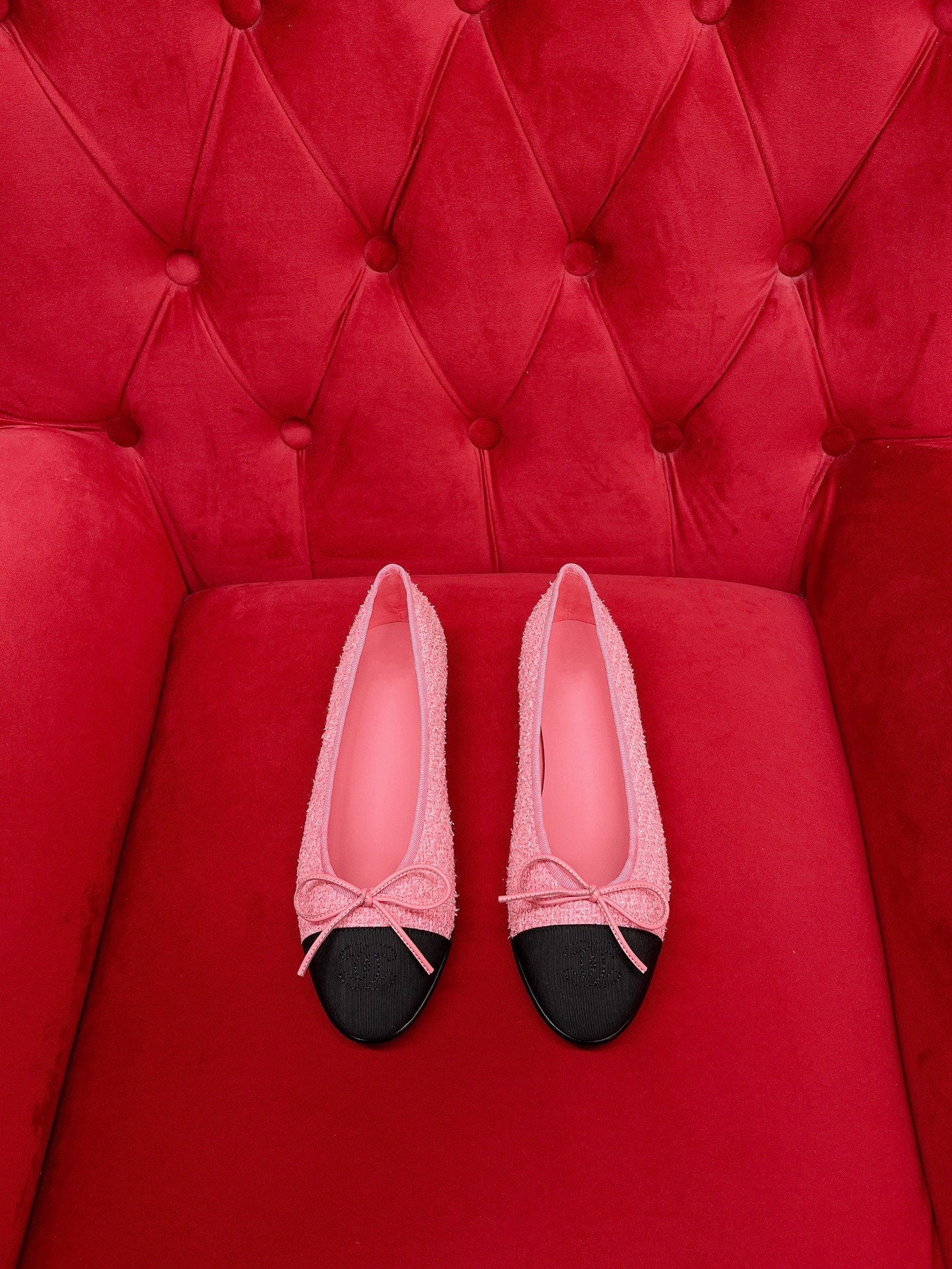 CHANEL ballet flat pink black tweed grosgrain