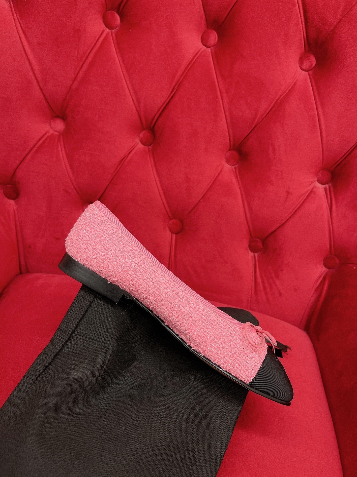 CHANEL ballet flat pink black tweed grosgrain