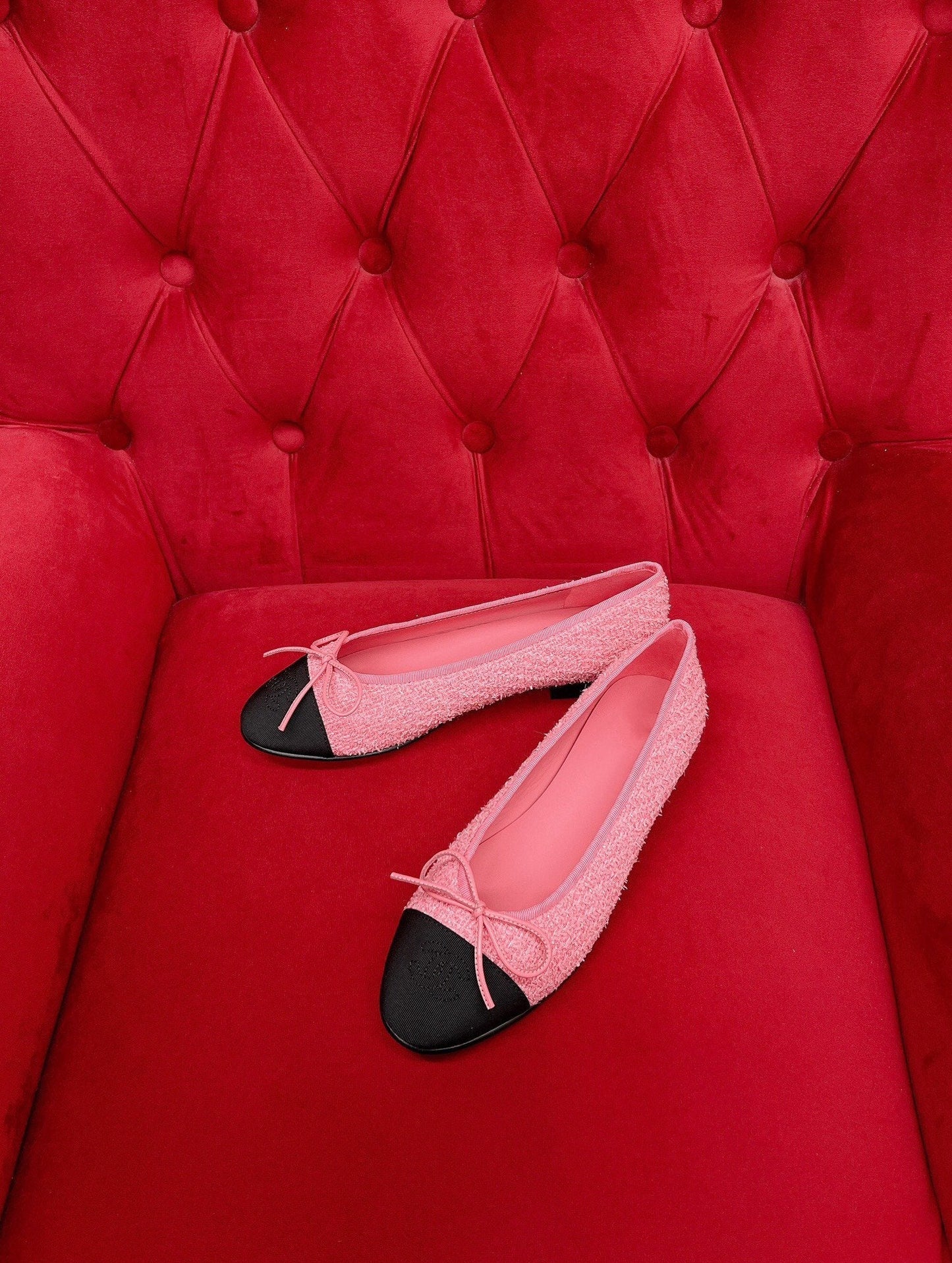 CHANEL ballet flat pink black tweed grosgrain