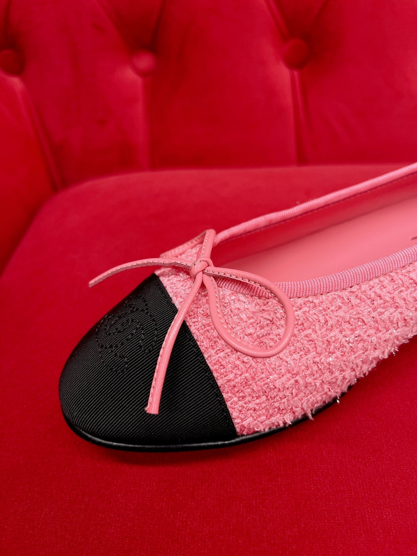 CHANEL ballet flat pink black tweed grosgrain
