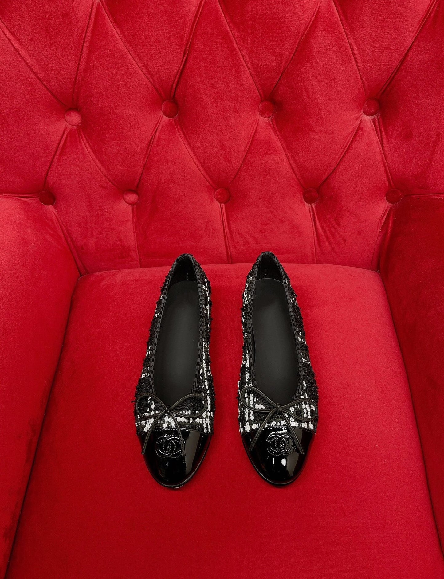 CHANEL ballet flat black white tweed lambskin