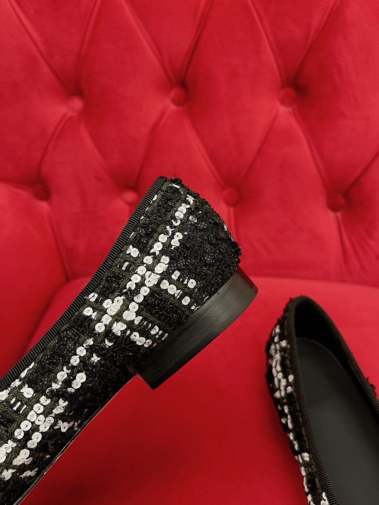 CHANEL ballet flat black white tweed lambskin