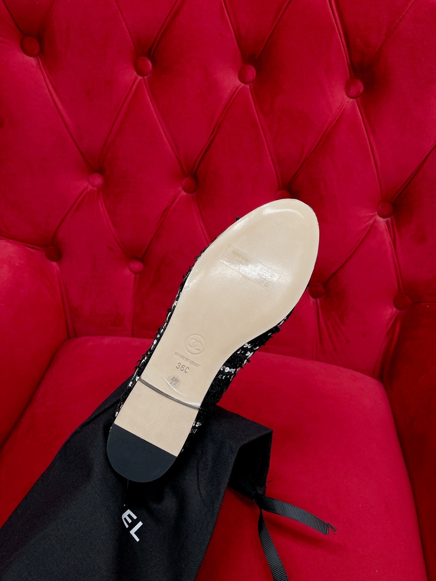 CHANEL ballet flat black white tweed lambskin