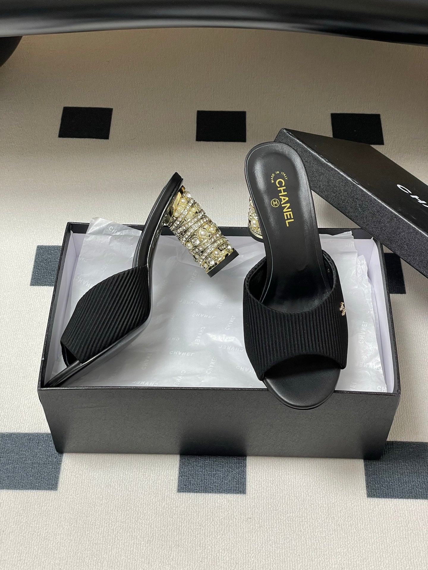 CHANEL 25p Sandal Heel 8cm Black Cloth