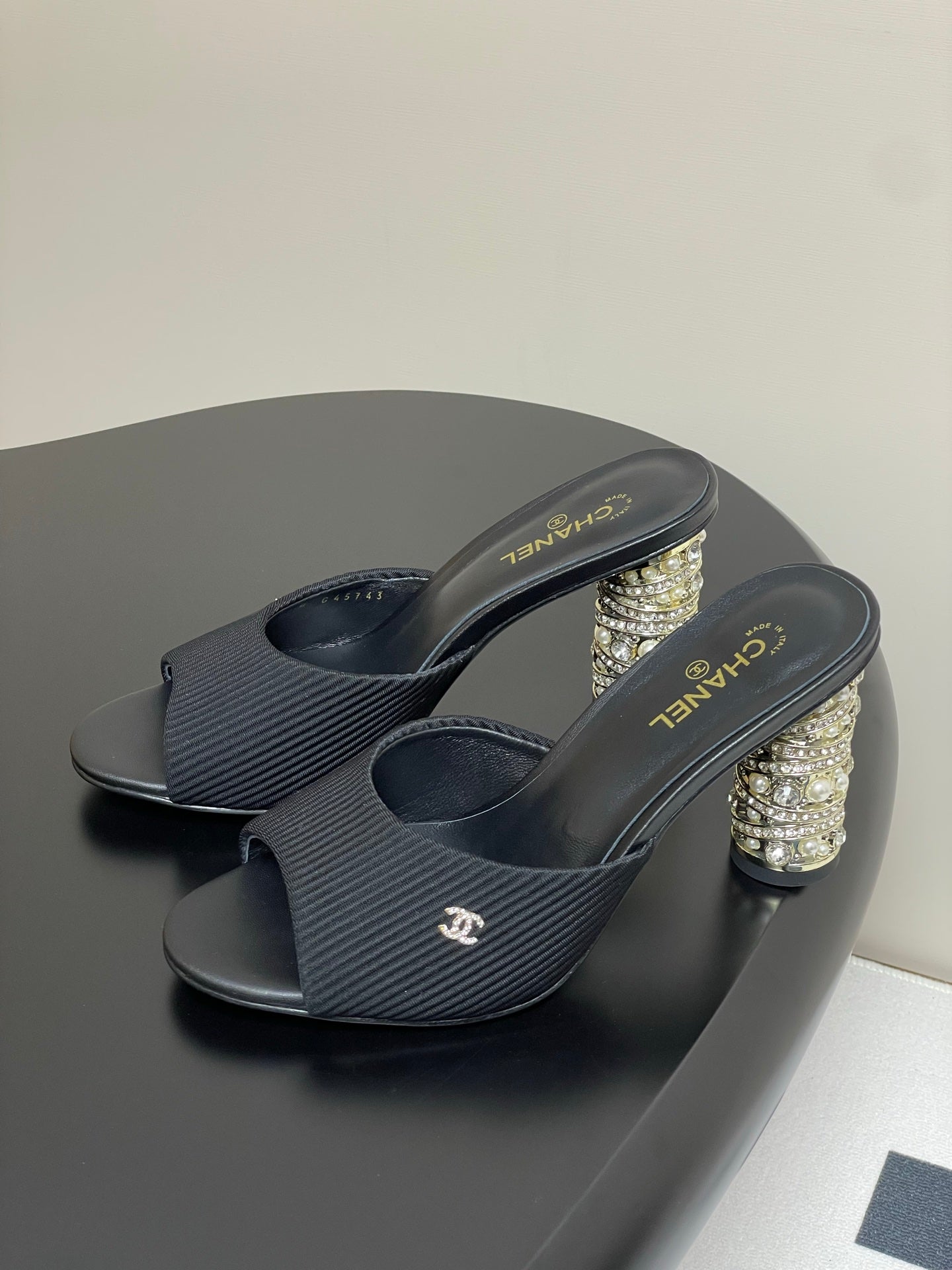 CHANEL 25p Sandal Heel 8cm Black Cloth