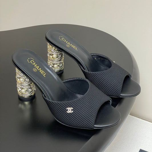CHANEL 25p Sandal Heel 8cm Black Cloth