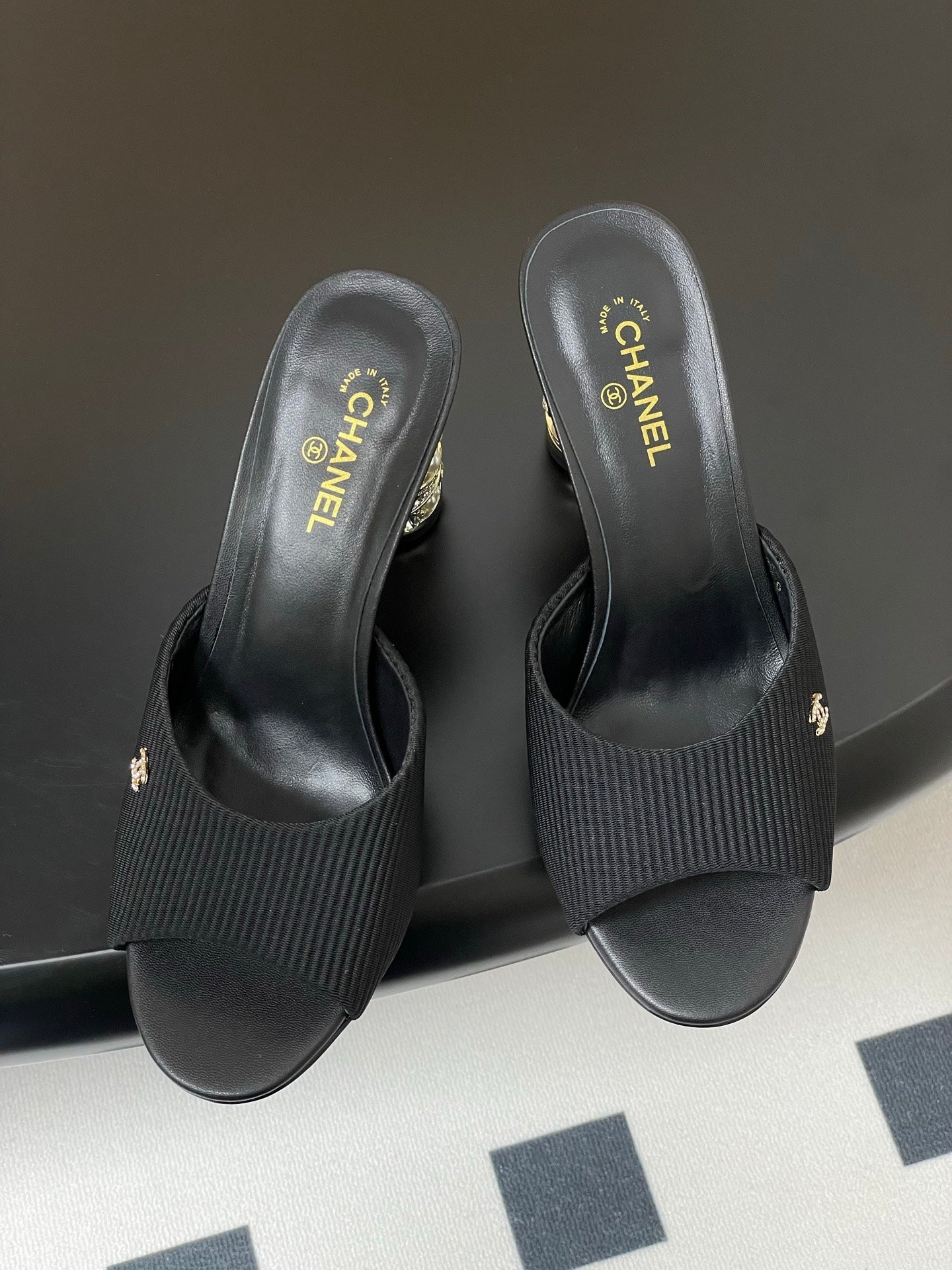 CHANEL 25p Sandal Heel 8cm Black Cloth