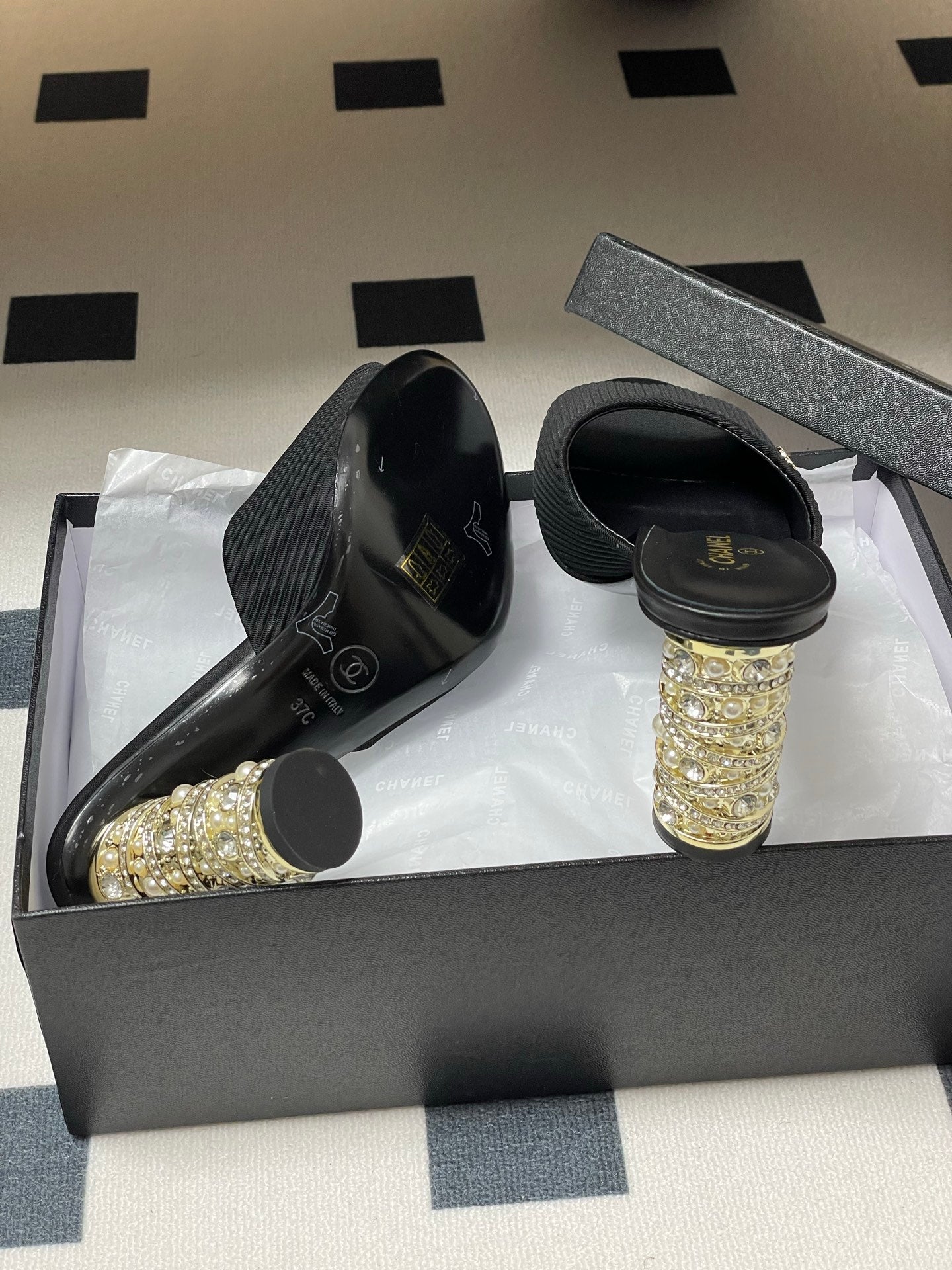 CHANEL 25p Sandal Heel 8cm Black Cloth