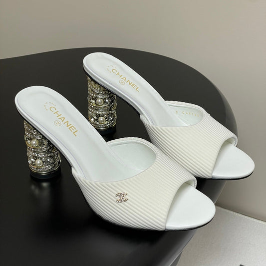 CHANEL 25p Sandal Heel 8cm White Cloth