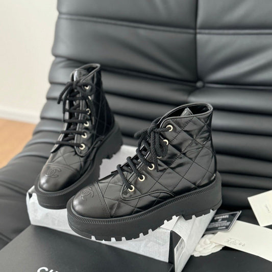 CHANEL ankle boots black quilted patent lambskin